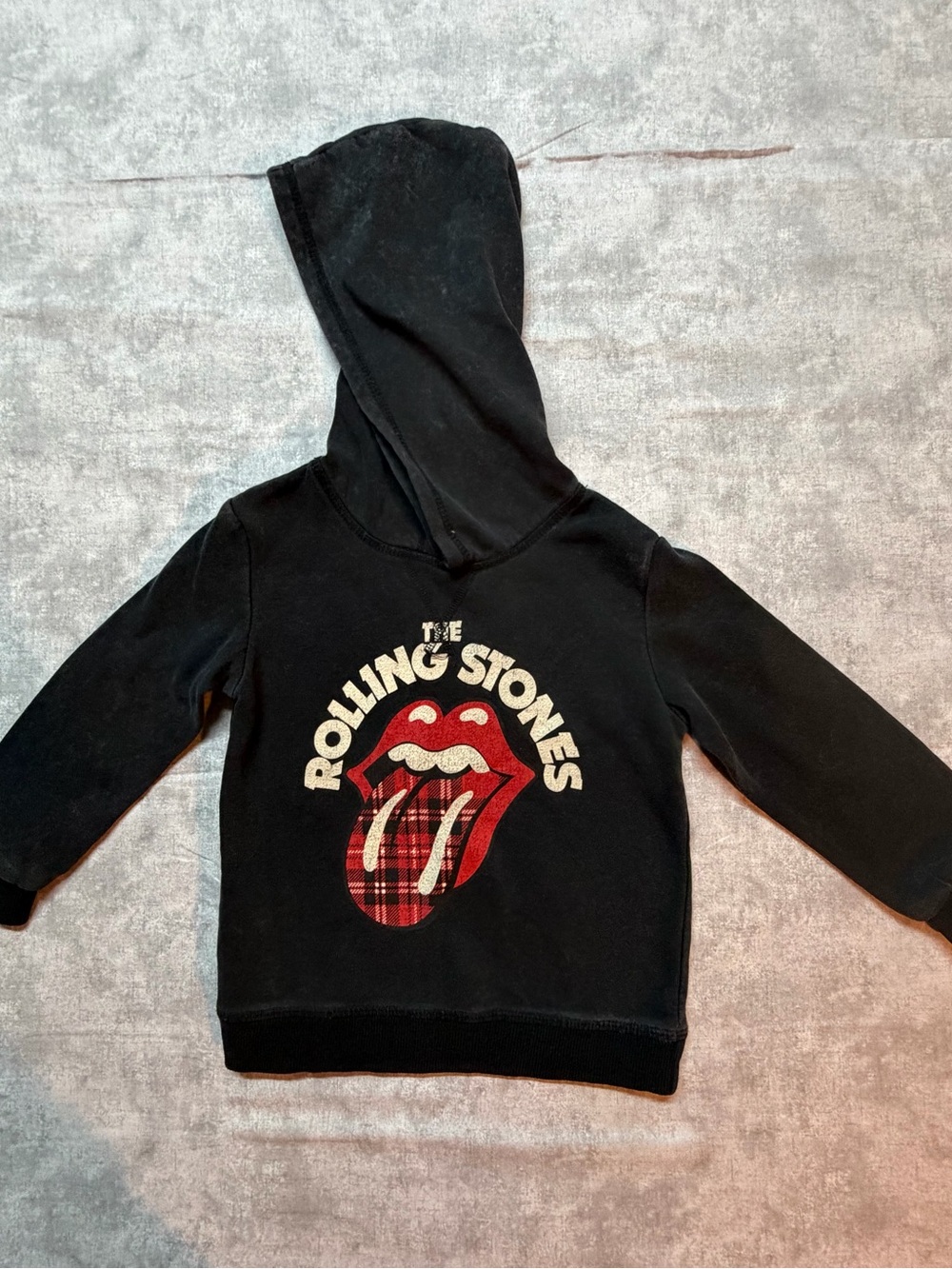 the Rolling Stones Black Kids Hoodie with Red Plaid Tongue Graphic